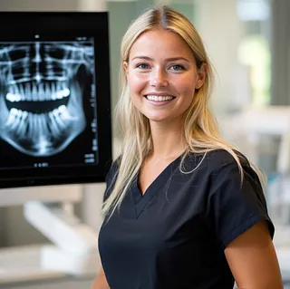 Leere Zahnarztpraxis mit modernem Stuhl und Ausstattung.